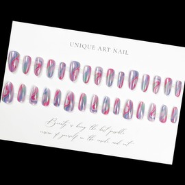 LPOODDNU Colorful Press on Nails Almond - Medium Cat Eye Fake Nails with Stripe Designs, Glossy Finished Reusable False Nails with Double Adhesive Glue Tabs - 24Pcs Nail Kit for Women Manicure