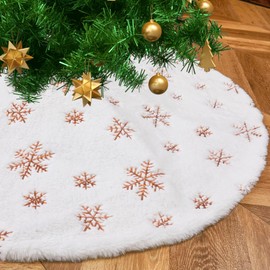 Tree Skirt 36 Inch White Faux Fur Tree Skirt with Rose Gold Snowflakes Plush Christmas Tree Skirt Christmas Decorations Ornaments