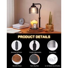 Kadrama Candle Warmer Lamp with Timer, Electric Candle Warmer Adjustable Height, Mothers Day Gift for Mom, Dimmable Modern Candle Lamp with 3 Bulbs for Home Decor House Warming Gifts, Grey Glass