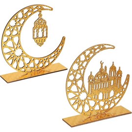 2 Pieces Wood Ramadan Decorations Islamic Eid Mubarak Kareem Table Sign Moon Hollow Star Ornament for Muslim Party Tabletop Decor Home Art Craft Decoration Golden Moon