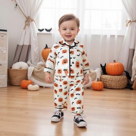 Kids Hlloween Christmas Pajamas Toddler Girl Ghost/Santa Button Down Tops Pants Baby Sleepwear Silk Satin Pjs Set (Pumpkin Apricot, 18-24 Months)