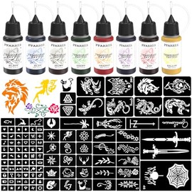 PFARRER ZYH2309001KIT Temporary Kit, 8 Bottles of Colour Temporary Ink, 105 Pieces Stencil Kit for Colour DIY Fake Tattoos (Black, Red, Green, Blue, Yellow, Purple, Brown, Orange)