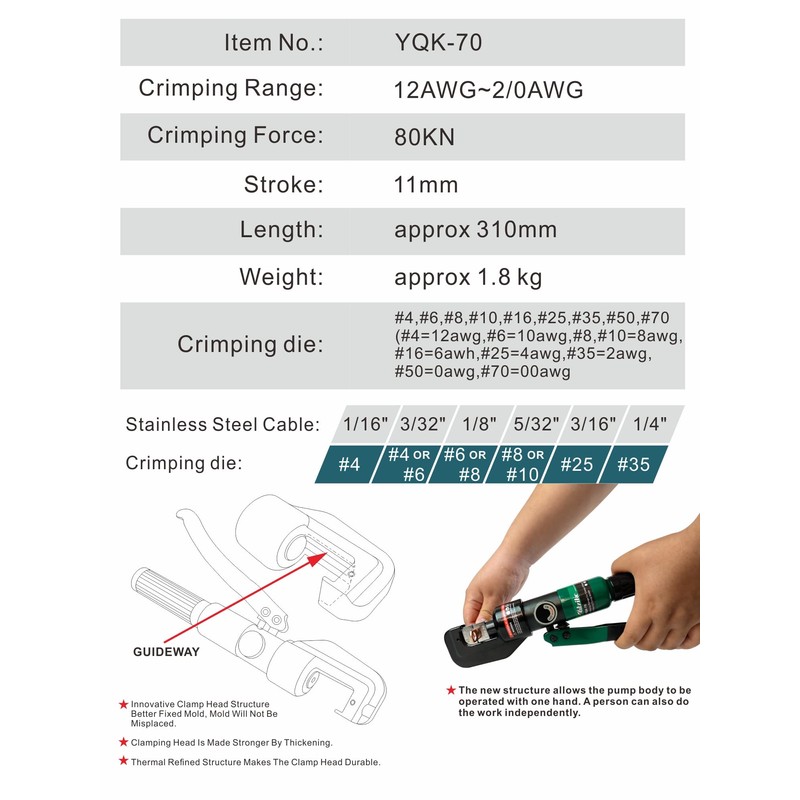 UTZIKO Hydraulic Cable Lug Crimper 10 US TON 12 AWG