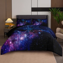 Tailor Shop Galaxy Comforter Set Universe Outer Space Blue and Purple Starry Sky Night Pattern Bedding Set for Girls Boys Kids King Size with 1 Comforter 2 Pillowcases……