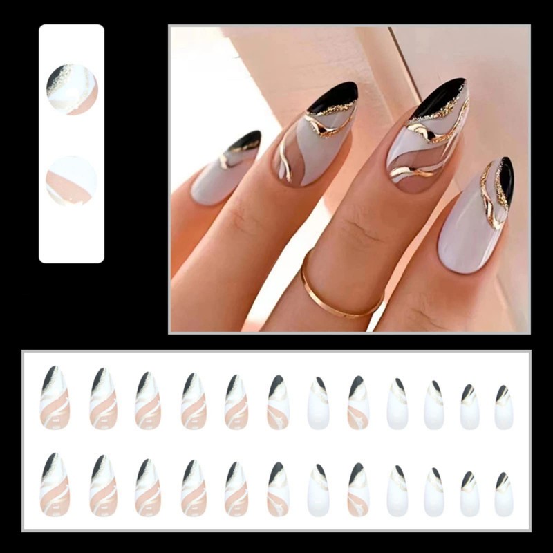 JUSTOTRY 24 Pcs Gold Stripes Almond Short False Nails,Black French