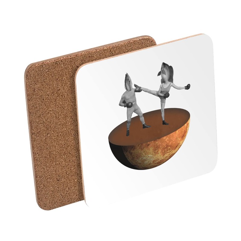 Cork Coaster - Fish Fighters Fish Boxing Collage Art Surrealism