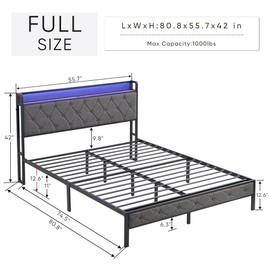 Twin/Full/Queen/King Bed Frame with Storage Headboard, Charging Station and LED Lights, Upholstered Platform Bed with Heavy Metal Slats, No Box Spring Needed, Noise Free, Easy Assembly, Dark Gray - mattress & bed frame size: Full