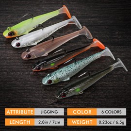 TRUSCEND Fishing 6 Piezas Señuelos de Vinilo para Pesca, Pre-Rigged Jig Head Swimbaits, Lubina Camarón Suave Cebos de Pesca Primera Calidad para el Agua Dulce Salada