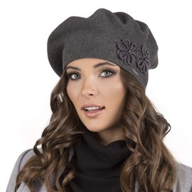 Vivisence Women's Stylish and Elegant Ladies Beret with Classic Design and Floral Decoration for Ladies Made from Acrylic Perfect for Winter and Outdoor Use, Dark Grey,UNI