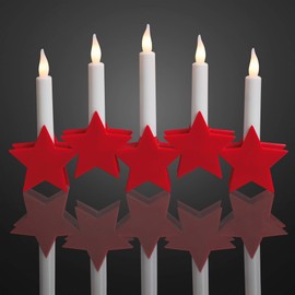 Hellum LED-Kerzenleuchter, Schwibbogen, Kunststoff, rote Sterne, 5 warm-weiße LEDs, 27x17 cm, Kabel transparent, Indoor, batteriebetrieben (3AA), Weihnachts-Dekoration, 520309