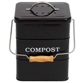 Compost Bin Kitchen Countertop Indoor Compost Pail Bucket, Great for Food Scraps, Carbon Steel, Handles, Black, 1 Gallon - Includes Charcoal Filter