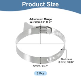sourcing map 8Pcs Stainless Steel Hose Clamps Worm Gear Hose Clamp, 52-76mm (2" to 3") Adjustable Thumb Screw Key Type Clamps Fuel Line Clamps 12mm Bandwidth for Plumbing, Automotive