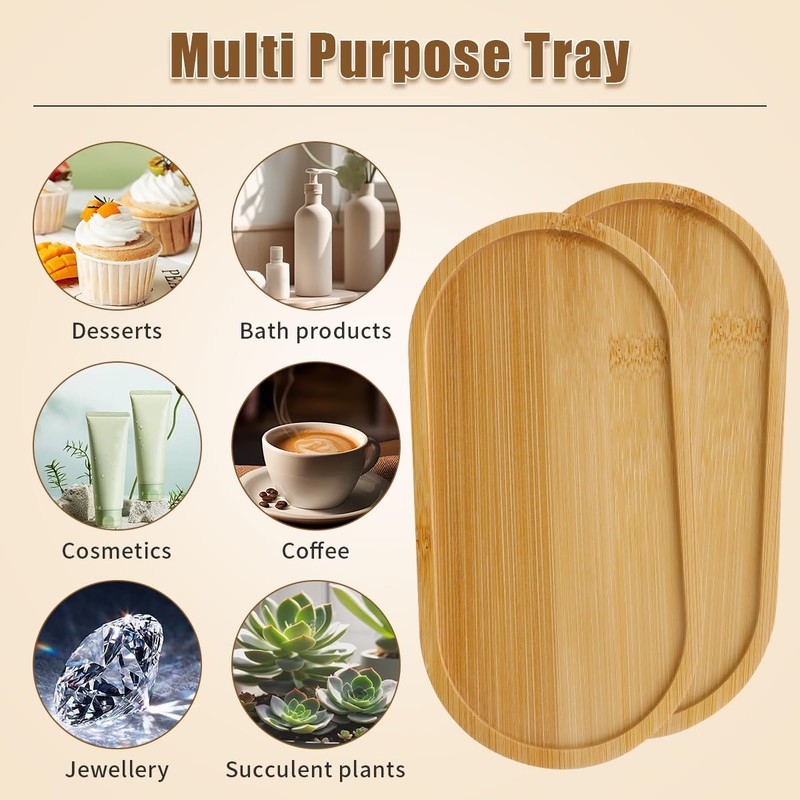 6 Pcs Bamboo Tray for Bathroom, Small Wooden Trays, Oval