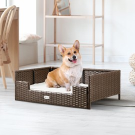 YITAHOME Rattan Dog Sofa Bed with Cushion,Wicker Pet Bed Sofa Couch Indoor Outdoor Water Resistant for Large Medium Small Dogs Cats (24.8''L*19.7''W*9.8'',Beige)