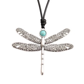 GelConnie Dragonfly Necklaces Silver Hippie Necklaces for Women Leather Cord Necklace With Pendant Vintage Sweater Long Necklace Bohemian Jewelry, Faux Leather, No Gemstone