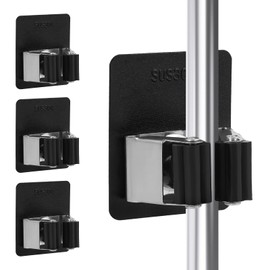 UAREP Mop Broom Holder Wall Mount, Stainless Steel, Rust Resistant, Heavy Duty, No Drill,Self-adhesive Broom Holder Wall Mount 4Pcs for Bathroom, Kitchen, Garage, Black