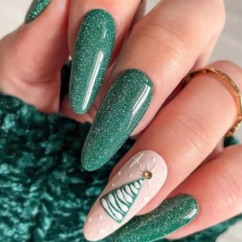 KOLONAMS Christmas Long Press on Nails Green Fake Nails with Christmas Tree Snowflake Design Almond False Nails Full Cover Glossy Stick on Nails Wearable Christmas Party Acrylic Nails for Women 24Pcs