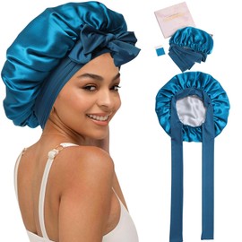 Coubeau Double-Sided 100% Silk Bonnet for Sleeping - 19 Momme Mulberry Silk Sleep Cap for Curly and Frizzy Hair (Blue/Silver)