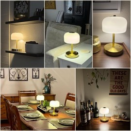 Oneach 9" Cordless Table Lamp, Gold Rechargeable Battery Operated Lamp, 3-Way Stepless Dimming Touch Mushroom Lamp, Small Glass Bedside Nightstand Lamp for Bedroom Dining Table Living Room Shelf Decor