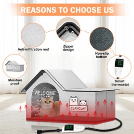 Heated Cat House with Intelligent Thermostat, Weatherproof Cat Heating Shelter for Indoor Outdoor Cats, Foldable Pet Heated House for Cats & Small Dogs with Removable Heating Pad Suit for All Seasons