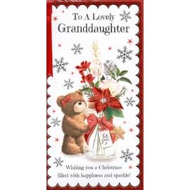 prelude Granddaughter Christmas Card ~ To A Lovely Granddaughter At Christmas Wishes Just For You ~ Teddy Bear & Flowers Slim Card Size 23cm x 14cm (Code 42588)