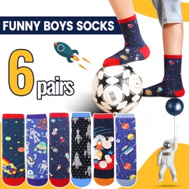 Anlisim Boys Kids Socks Fun Crazy Novelty Funny Silly Space Crew Cotton Teenage Boy Children Socks 6 Pairs Birthday Gifts Stocking Stuffers(Rocket & Space,9-14Y)