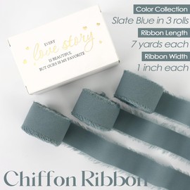 MEEDEE Slate Blue Chiffon Ribbon - 1 Inch Fringe, Dusty Blue Silk, Frayed Edge - Thin Ribbons for Crafts, Gift Wrapping, Wedding Invitations (3 Rolls, 21 Yards)