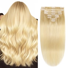 Clip in Hair Extensions Real Human Hair, Seamless Clip ins Real Human Hair for Women, Remy Human Hair Clip in Extensions, Double Weft 8pcs 18 inch 613 Bleach Blonde