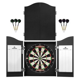 Mission Darts Home Centre | Complete Darts Package Including Apollo Dartboard with Cabinet, Easy Wipe Score Panels and 2 Sets of Darts, Black (CAB508)