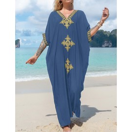 Bsubseach Gold Embroidery Long Kaftan Dresses V Neck Caftan Dress Beach Cover Ups for Women Blue