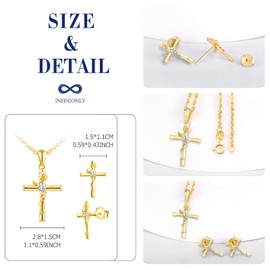 INFINIONLY Women's Girls Pendant and Earrings, 925 Silver Jewellery Sets, Classic Cross Necklace Earrings, Rose Cross Pendant Earrings, Women's Jewellery Set, Inlaid Zirconia, Golden, Cubic Zirconia