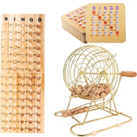 GSE Games & Sports Expert Deluxe Bingo Game Set with Large Brass Cage, 10 Shutter Slide Bingo Cards, Wood Master Board & 7/8" Calling Balls for Large Groups, Parties, Game Night