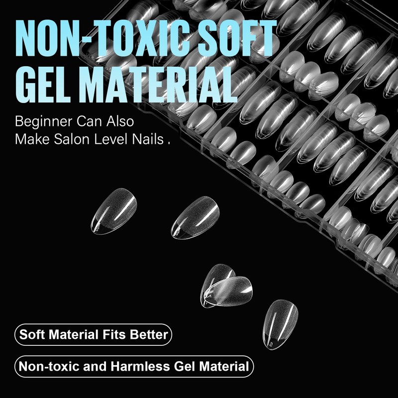 TOMICCA Short Almond Soft Gel Nail Tips, 504PCS Clear Half