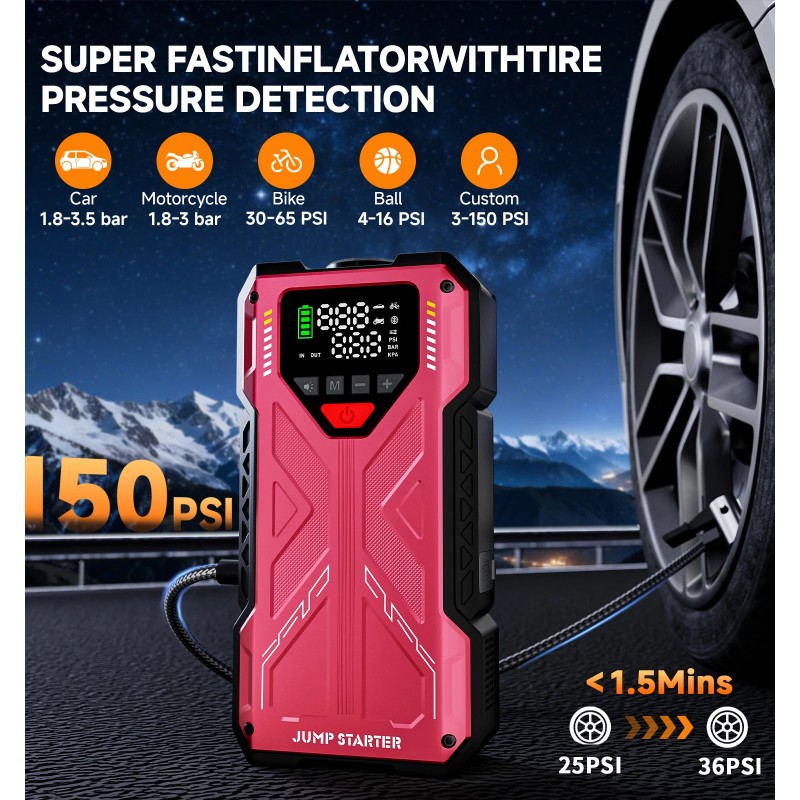 Featou 6000A Car Jump Starter with Air Compressor Combo Portable
