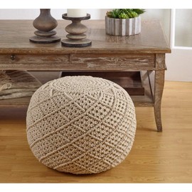 Fennco Styles Macrame Diamond Pattern Cotton Pouf – Round Natural Ottoman for Low Seat, Bedroom and Living Room Décor