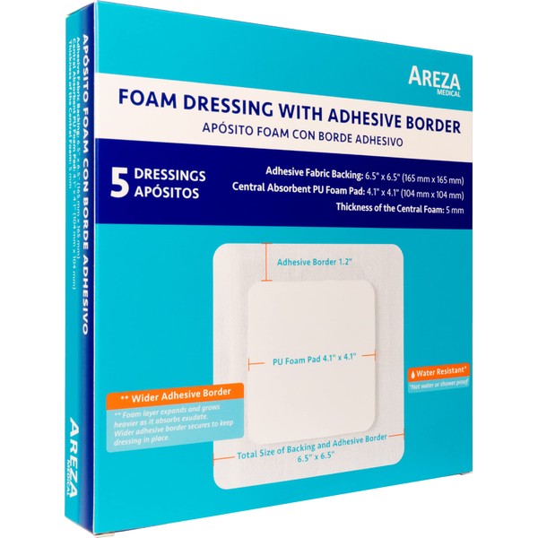 Foam Wound Dressing with Adhesive Border 6.5" x 6.5" Central Foam: 4.1" x 4.1" Thickness 5 mm 5 per Box by Areza Medical