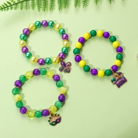 HEIDKRUEGER 3 PCS Mardi Gras Bracelet Mask Fleur de lis Charms Bracelets Purple green yellow Beaded Stretch Bracelets for Women Carnival Parade Jewelry Gifts