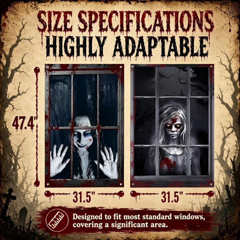 2 PCS Halloween Window Decorations Scary Ghost and Bloody Zombie