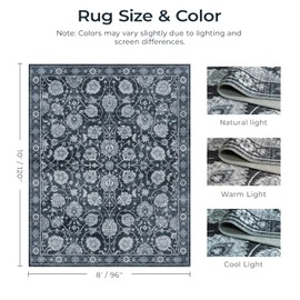 Carpelux Black 8x10 Area Rugs for Living Room, Washable Large Bedroom Rug, Soft Non Slip Floral Carpet, Stain Resistant Low Pile Carpets for Indoor Under Table Dining Home Office Nursery, Black