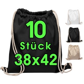 Cotton bag, pack of 10, 38 x 42 cm, sports bag, backpack, fabric bag, gym bag, bag, cotton bag, jute bag, Oeko-Tex® certified fabric bag, shopping bag, gym bag, paintable bag, black, 38 x 42 cm