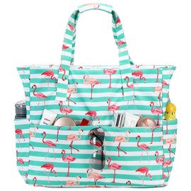 Joyesplay Large Beach Bag, XXL Family with Zip, Women's Waterproof Sandproof Beach Bag, Summer Bag, Swimming Bag for Beach, Travel, Shopping, Pool, Green Flamingo