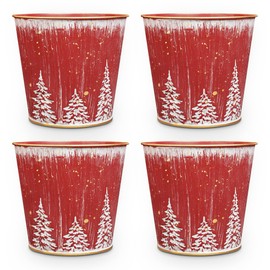 Putuo Decor - Macetas de Navidad, cubos pequeños de lata de metal de Navidad de 5.9 pulgadas con patrón de árbol de Navidad, 4 piezas redondas de Navidad galvanizadas para decoración de mesa de fiesta de Navidad