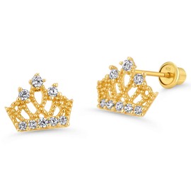 14k Gold Plated Brass Princess Crown Cubic Zirconia Screwback Girls Earrings with Silver Post