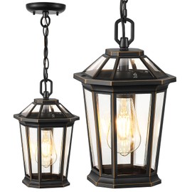 VIANIS Outdoor Pendant Light Fixtures for Porch, Exterior Ceiling Hanging Lanterns, Anti-Rust Waterproof Farmhouse Outdoor Chandelier, Black Gold Aluminum with Tempered Glass for Entryway, 1 Pack