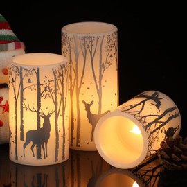 KunSween Christmas Flameless Candles with Remote Timer, 3 Pack LED Flickering Candles with Silver Deer Decals and Real Wax, Christmas Winter Decorations for Home Indoor Table Centerpieces