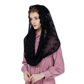 BEAUTELICATE Women's Mantilla Catholic Veil Lace Chapel Scarf Stole Headwear Lace Black White for Catholic Church Latin Mass Church Wedding Bridal V108, black