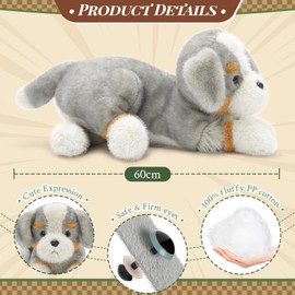 MorisMos Giant Border Collie Dog Cuddly Toy with 3 Babies in Belly, 60 cm Long Grey Plush Dog Soft Toy, Birthday Gift for Children