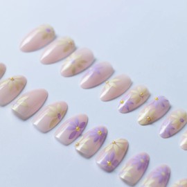 BABALAL Flower Press on Nails Medium Fake Nails Almond Glue ons Nails Purple Yellow Design Acrylic Nails 24Pcs Stiletto Full Cover False Nails