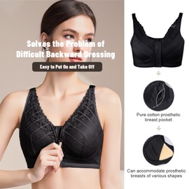 Polreta Front Closure Mastectomy Bra-Zip Post-Surgery Bra with Pocket for Breast Prosthesis -Everyday Surgical Bras for Women