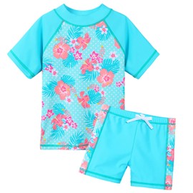 Girls Rash Guard Swimsuit Two Piece Floral Bathing Suit UPF 50+ UV Short Sleeve Swimwear S342_CyanFlower_8A